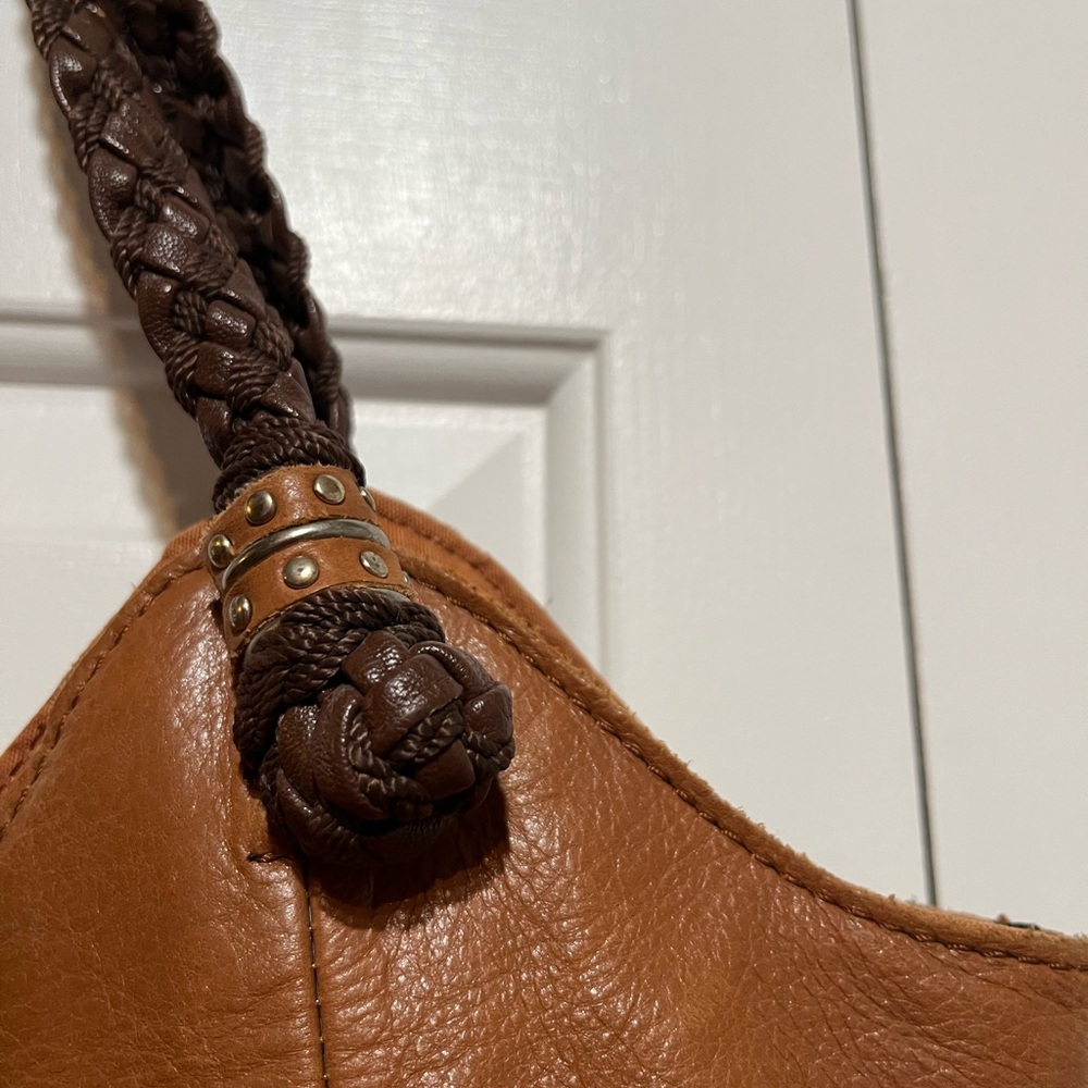 The Sak Brown Leather Shoulder Bag with Pink & Cream Embroidered Trim - Picture 11 of 15